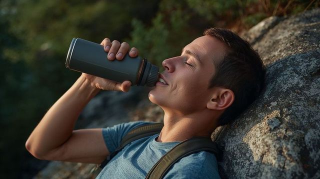 Hiking man drinking from reusable bottle while resting on sunlit rock at forest edge