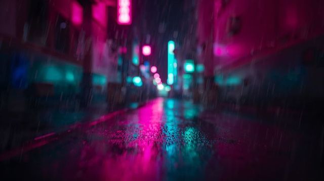 Rain-slicked neon alley reflecting magenta and cyan lights, moody cyberpunk urban night