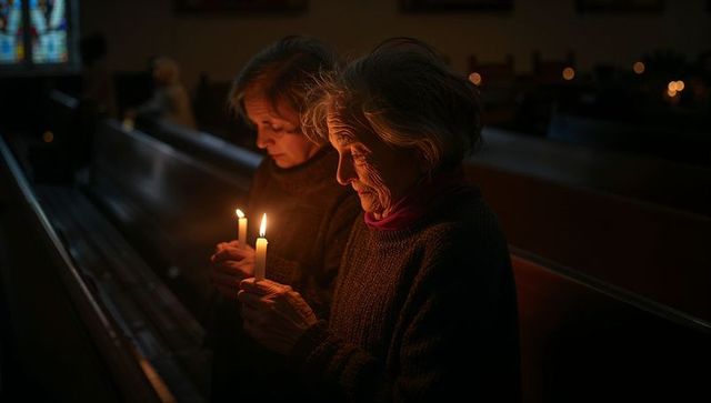 Elderly women holding candles in church pew during candlelight vigil, quiet reflection