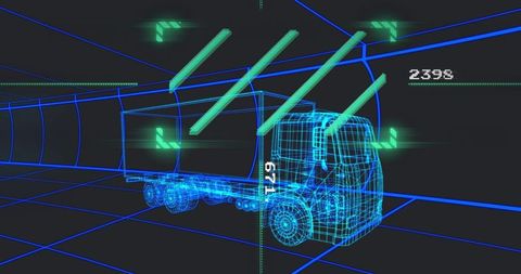 Futuristic tractor-trailer in neon grid with digital hud elements
