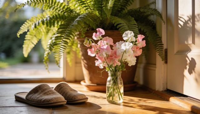 Sunlit entryway with pink and white sweet pea bouquet in glass jar and terracotta fern