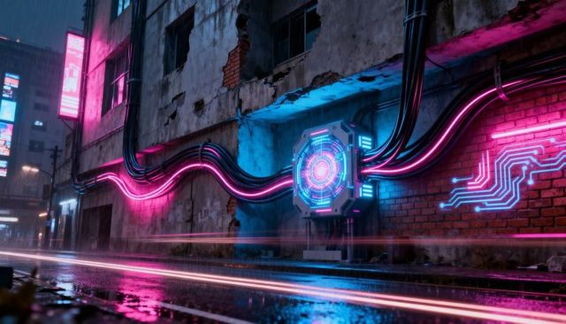 Neon hexagonal interface emitting rings with futuristic cables on rainy urban alley