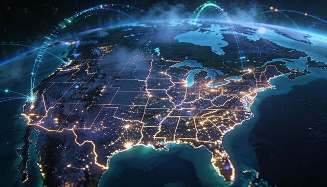 Glowing Night Network Over Contiguous United States Showing City Lights and State Borders