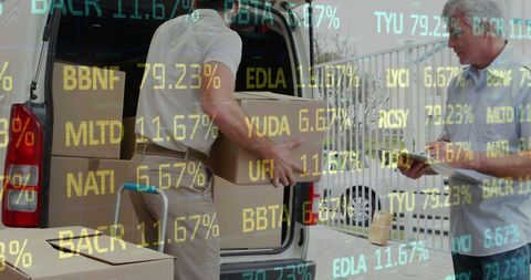 Delivery Workers with Financial Data Overlay Convey E-commerce and Logistics Growth - Download Free Stock Images Pikwizard.com