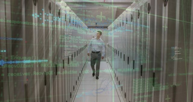 Data center technician walking through rows of server racks with a holographic interface overlay of digital code. Suitable for themes related to advanced technology, IT infrastructure, cybersecurity, network management, and futuristic business environments.
