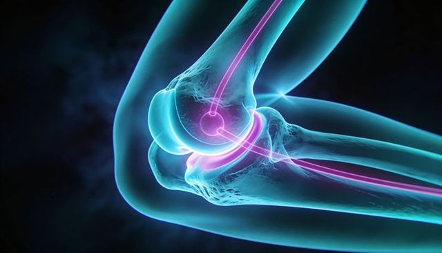 Neon Elbow Joint Anatomy Rendering Showing Humerus Ulna Radius Nerve Pathway and Tendon