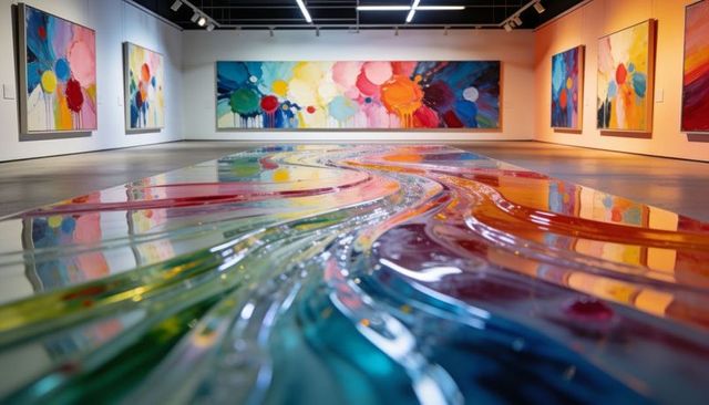 Glossy resin river snaking through contemporary gallery with vibrant abstract canvases
