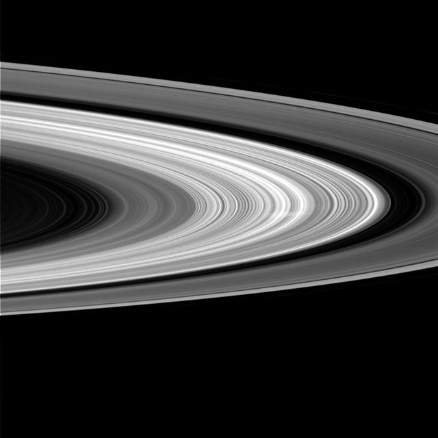 This image from the Cassini spacecraft shows a ghostly white streak, called a spoke, in Saturn B ring. This is the first sighting of a spoke in nearly a year, and the first spoke seen by Cassini on the sunlit side of the rings