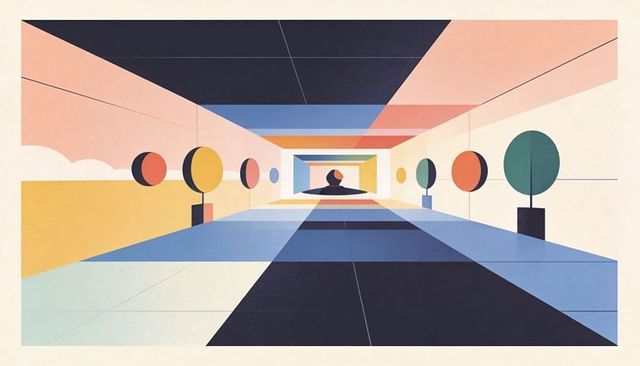 Leading corridor guiding eye toward rounded sculpture in minimal retro hall with pastel blocks