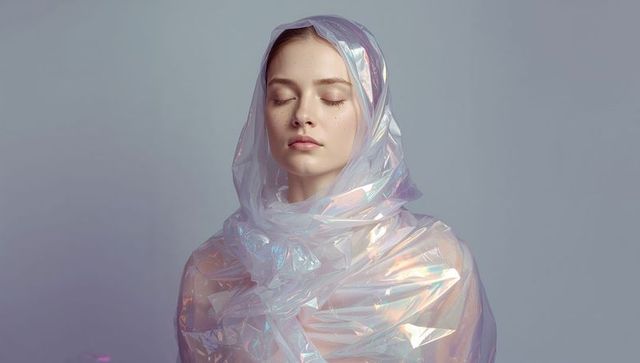 Serene woman wearing iridescent holographic plastic wrap hood, closed-eyes pastel portrait