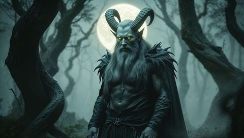 Ram-horned satan amid misty forest with moonlit backdrop