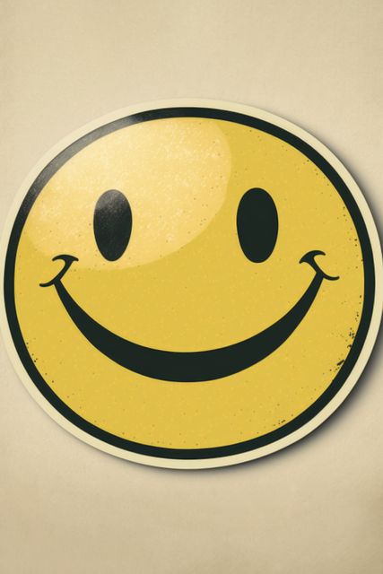 Retro yellow smiley face with black eyes and mouth on beige background. Classic vintage design symbolizing happiness and positivity. Ideal for digital stickers, social media graphics, posters, and merchandise. Can be used for promoting mental health awareness and spreading joy.