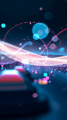 Vertical looped waveform ribbon weaving through neon particles and glowing bokeh lights