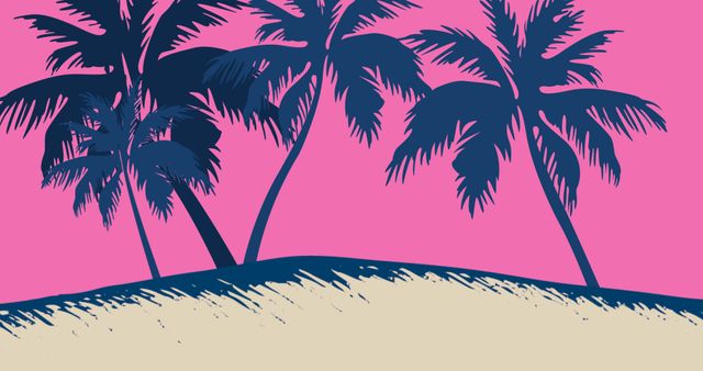 Illustrative image of palm trees growing at sandy beach against pink clear sky, copy space. Tropical climate, vector, abstract, nature and scenery concept.