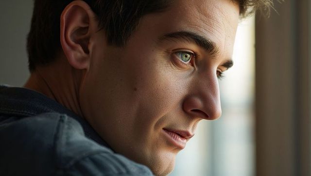 Young adult male gazing thoughtfully out window closeup portrait capturing soft light