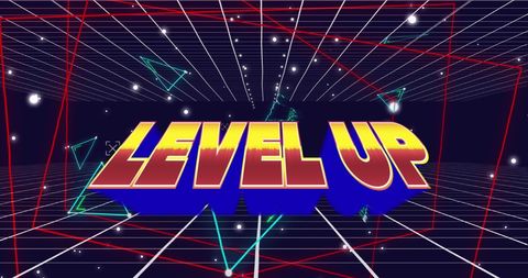 Retro arcade style level up text against grid background