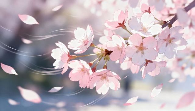 Swaying cherry blossom branch with delicate pink and white petals drifting in breeze