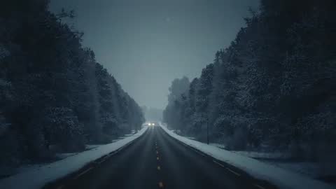 Nighttime Headlights Approaching on Snowy Two-Lane Road Through Pine Forest