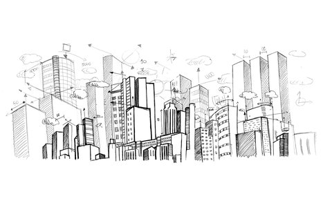 Digital Cityscape Drawing with Transparent Background