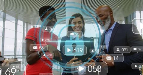 Business team using mobile devices and digital analytics overlays for collaborative strategy