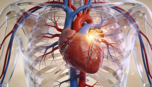 Transparent thorax revealing beating heart and coronary vessels with electrophysiology spark