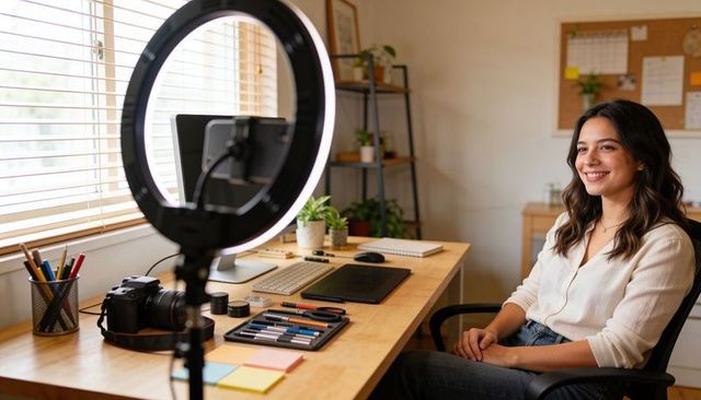 Woman content creator filming with DSLR and ring light in bright home office studio