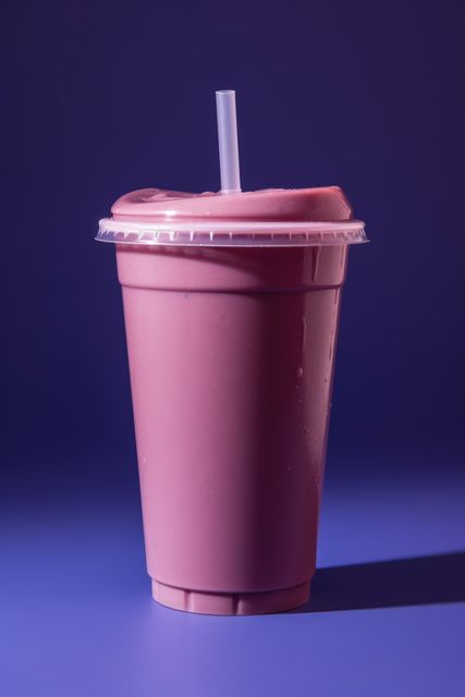 Pink smoothie on purple background, created using generative ai technology. Fruit smoothie, food and drink, healthy eating concept digitally generated image.