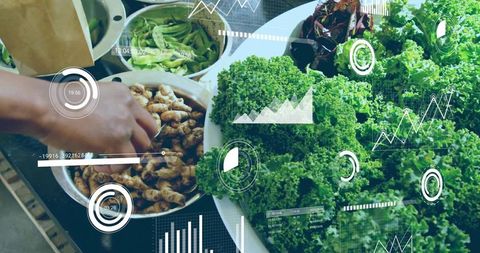 Sorting fresh market produce: hand picking ginger among kale with futuristic data hud