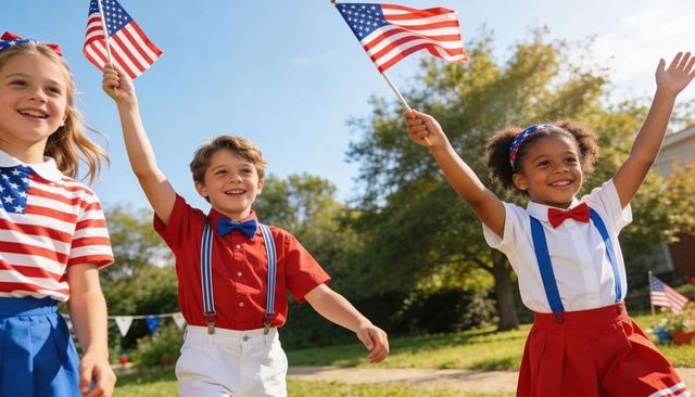 Children waving american flags celebrating patriotic backyard parade in red white blue