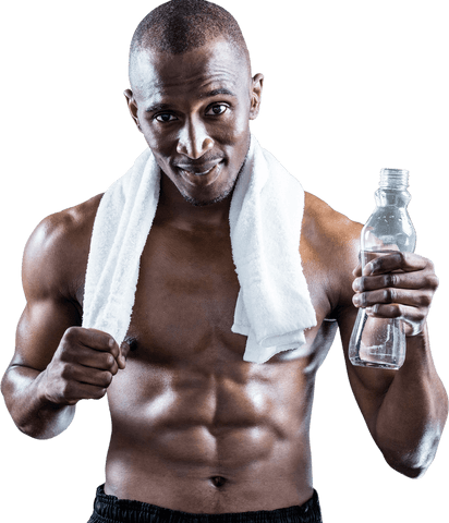 Transparent muscular man holding water bottle post workout