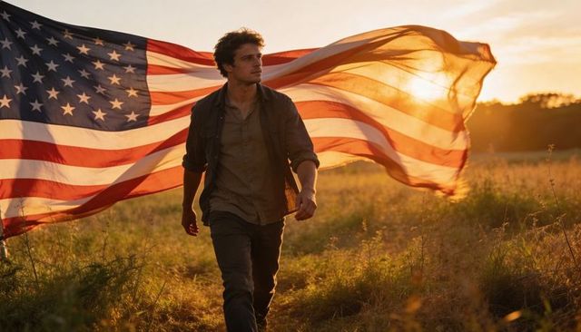 Young man walking with american flag at golden hour in open field, patriotic sunset