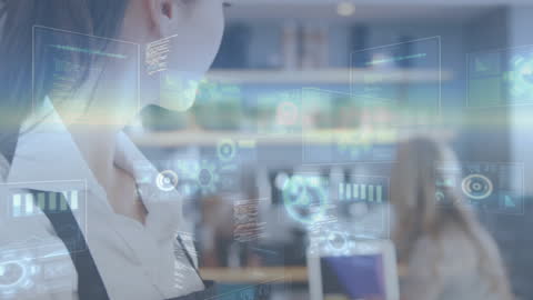Barista Interacting with Futuristic Digital Interface