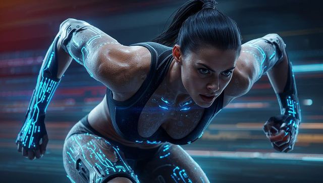 Female athlete sprinting with cybernetic limbs and glowing neon circuitry