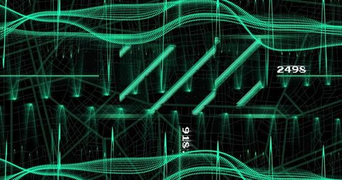 Pulsing Neon Green Wireframe Network with Dotted Waveforms over Virtual Grid Map