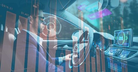 Man interacting with advanced digital displays in self-driving car