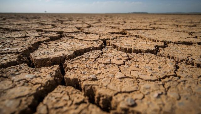 Cracked clay lakebed revealing deep fissures and parched earth under pale blue sky