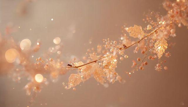 Glittering golden twig with delicate bead buds and warm bokeh sparkle