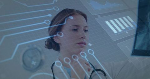 Female doctor analyzing holographic medical data on transparent digital interface futuristic healtht