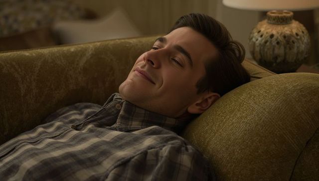 Man reclining on green sofa wearing plaid shirt, relaxed expression, cozy home interior