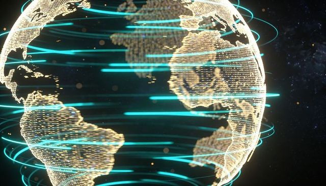 Futuristic digital globe with golden point mesh and cyan data trails for global network