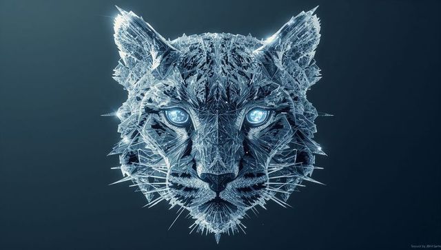 Ice crystal cheetah head with luminous cyan eyes and spiky glass facets