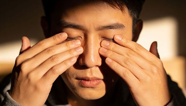 Sunlit asian man rubbing eyes closeup showing fatigue and eye strain during golden hour