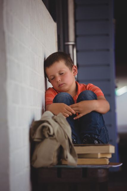 Boy sleeping while sitting on bench by wall in corridor at school
