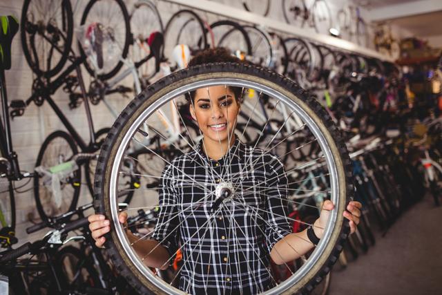 Young female mechanic holding a bicycle wheel in a bike workshop. Smiling while working in a professional setting. Ideal for use in content related to bicycle repair services, maintenance tutorials, or promoting female professionals in the tech and mechanical industries.