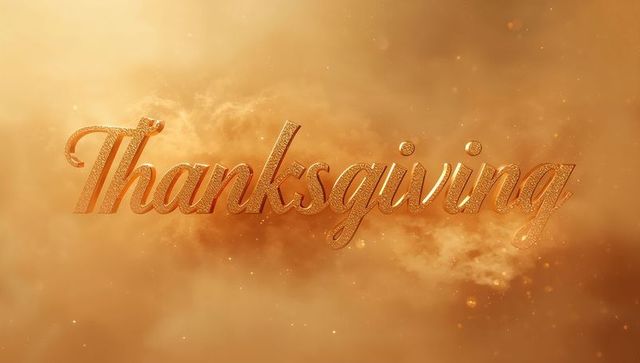 Gold Script Thanksgiving Wordmark Floating, Glowing, Shimmering Over Warm Cloudy Background