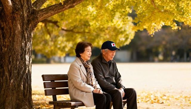 Elderly couple sitting on park bench under golden autumn tree wearing coats and scarf
