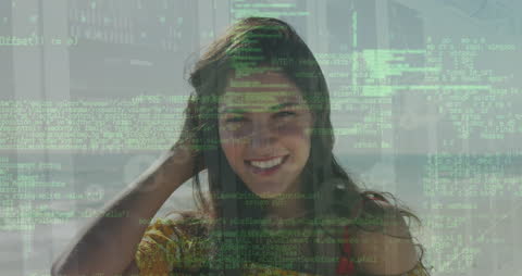 Digital Data Overlay on Smiling Woman at Beachfront
