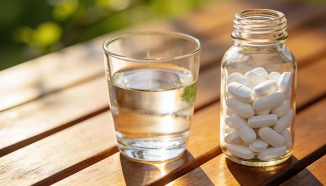 Showing glass of water and open bottle of white tablets on sunlit wooden table for medication concep