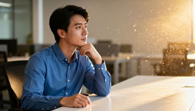 Gazing professional resting chin at sunlit desk in modern office, contemplative warm glow