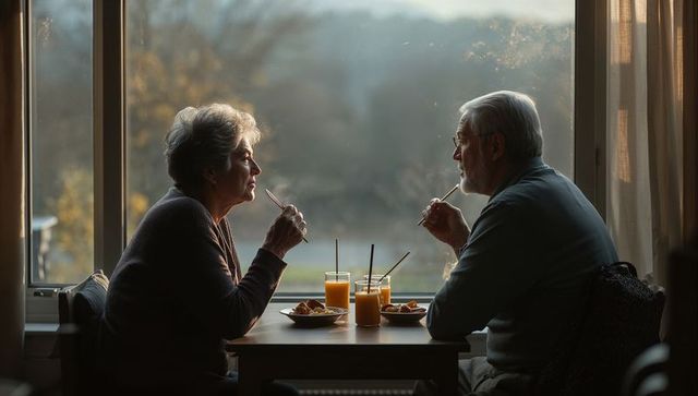 Senior couple enjoying cozy morning breakfast by window with orange juice and pastries